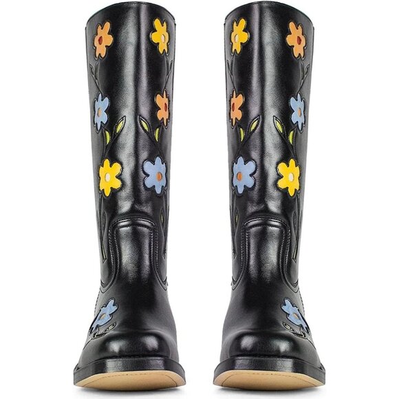 🆕Women Black Faux Leather Knee High with Flowers Square Toe Chunky Heel Boots - Picture 5 of 10